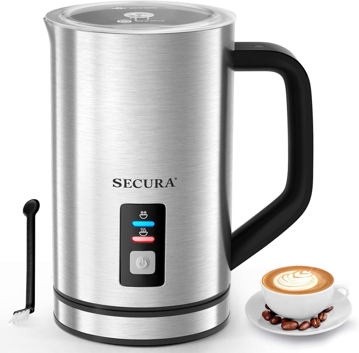 Secura electric milk frother with hot and cold settings—handy for cold foam without heating the dairy.